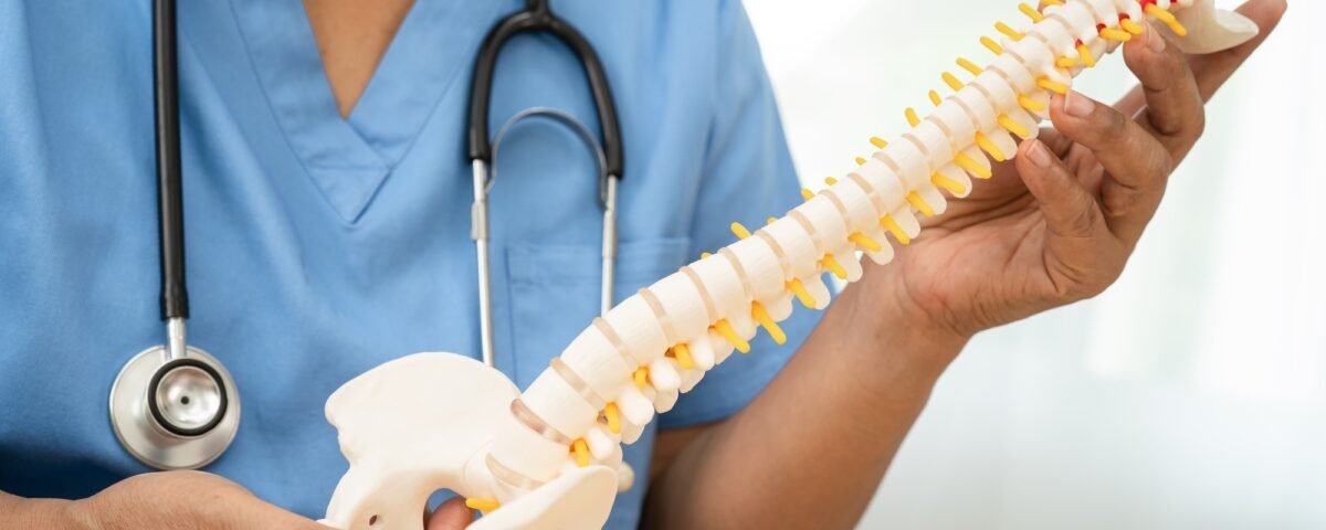 Asian doctor holding spinal nerve and bone model, Lumbar spine displaced herniated disc fragment